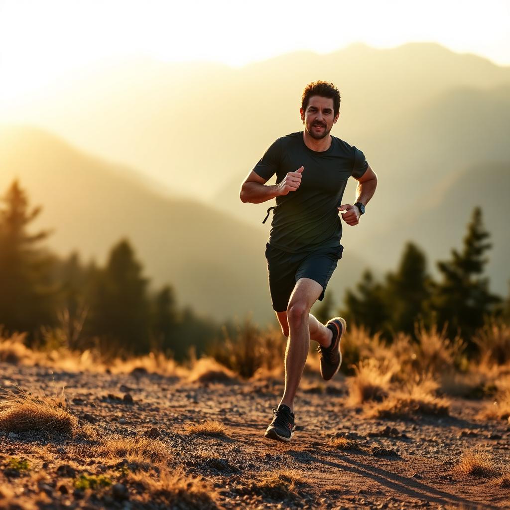 Trail runner training with controlled breathing at sunrise